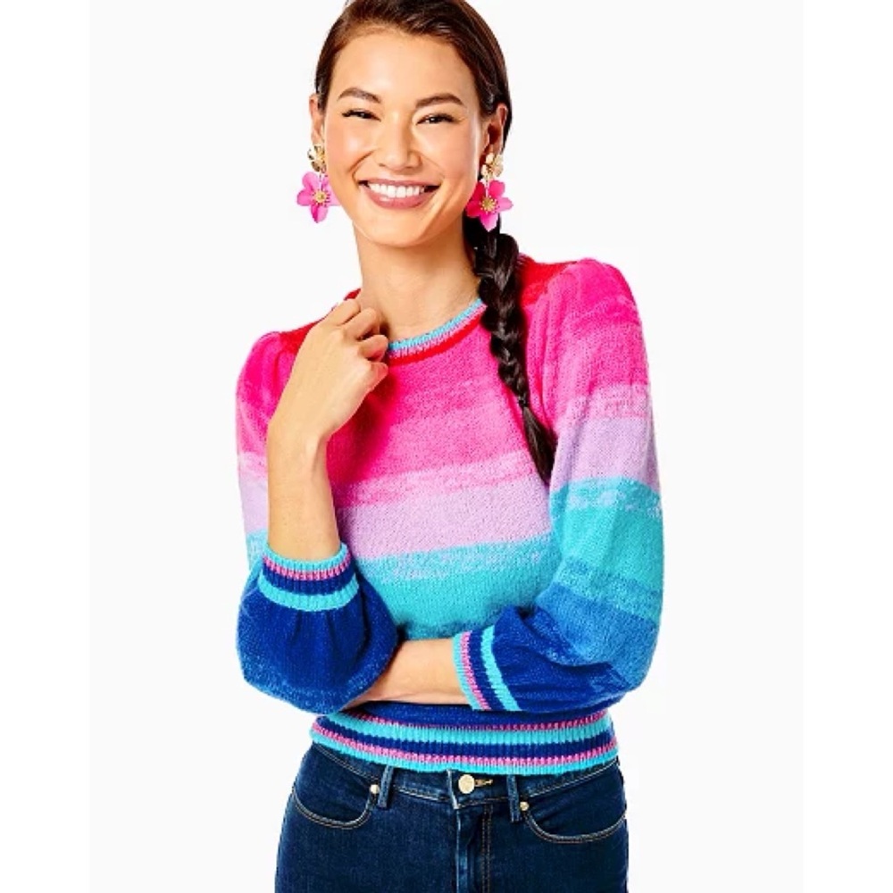 LILLY PULITZER‎ Hali Sweater Red Ruby Ombre Sunset Stripe Rainbow Pullover Large